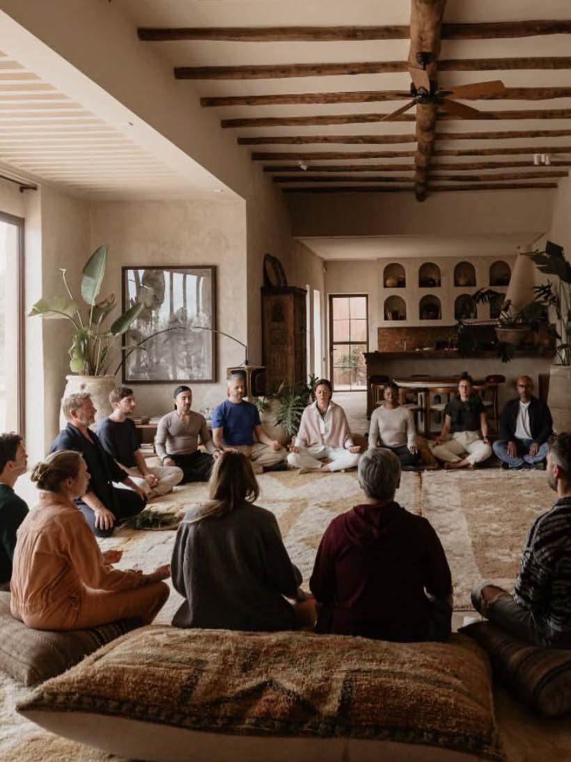 A group seated in a circle, meditating